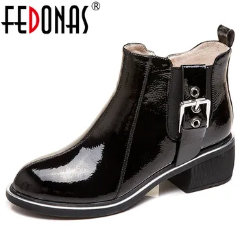 

FEDONAS New Round Toe Short Boots Autumn Winter Warm Cow Patent Leather Women Ankle Boots Punk Basic Boots Party Shoes Woman