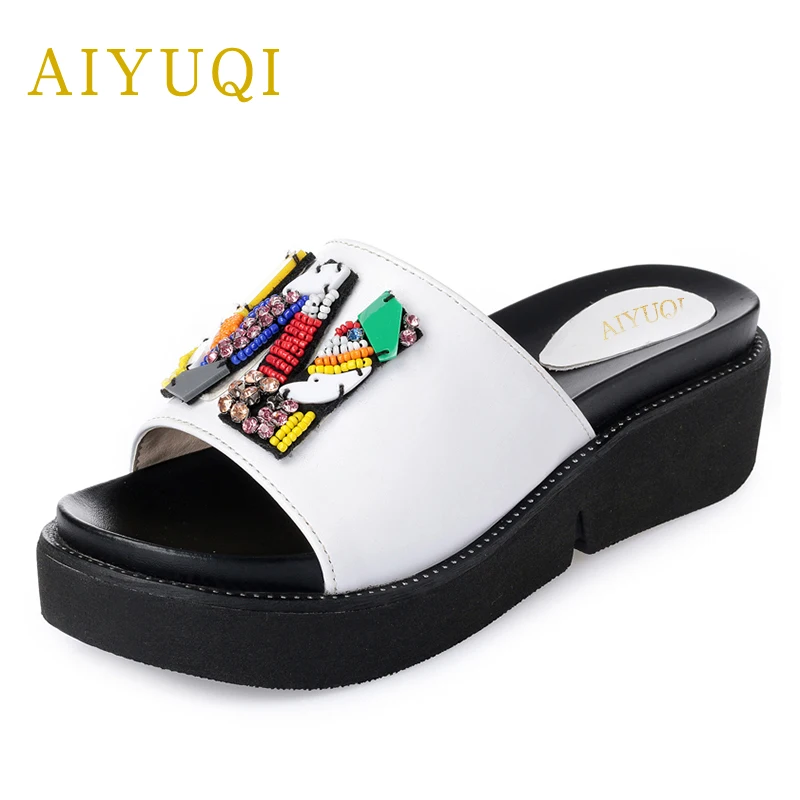

AIYUQI 2019 new summer beach flip flops with solid sole elegant genuine leather women's slippers fashion brand shoes women