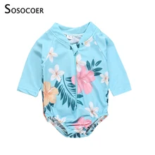SOSOCOER для маленьких девочек Купальник цветочный принт для девочек; цельный купальник для девочек с длинными рукавами, на молнии, детская пляжная одежда; детская одежда для купания