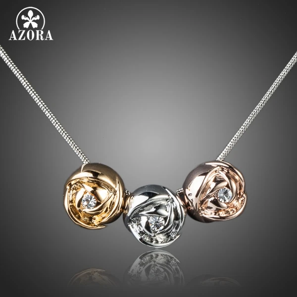 AZORA Brand Design White Gold Color Stellux Austrian Crystal 3pcs Roses Pendant Necklace TN0071