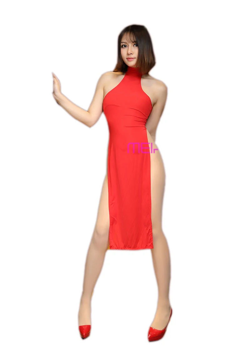 

Sexy Sheer Halter Sleeveless High Split Dress Women Party Night See Through Turtleneck Dress Club Wear