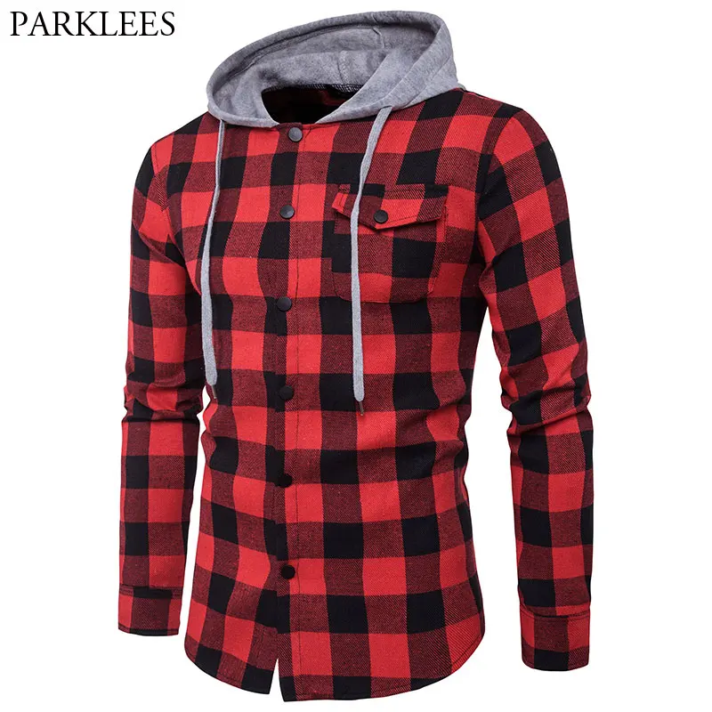 Red Black Plaid Hooded Shirt Men Long 