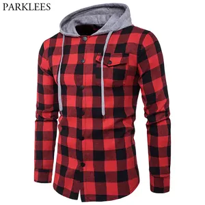 Red Black Plaid Hooded Shirt Men Long Sleeve Slim Fit Casual Checkered Hoodies Shirts Mens Pocket Button Front Chemise Homme 2XL