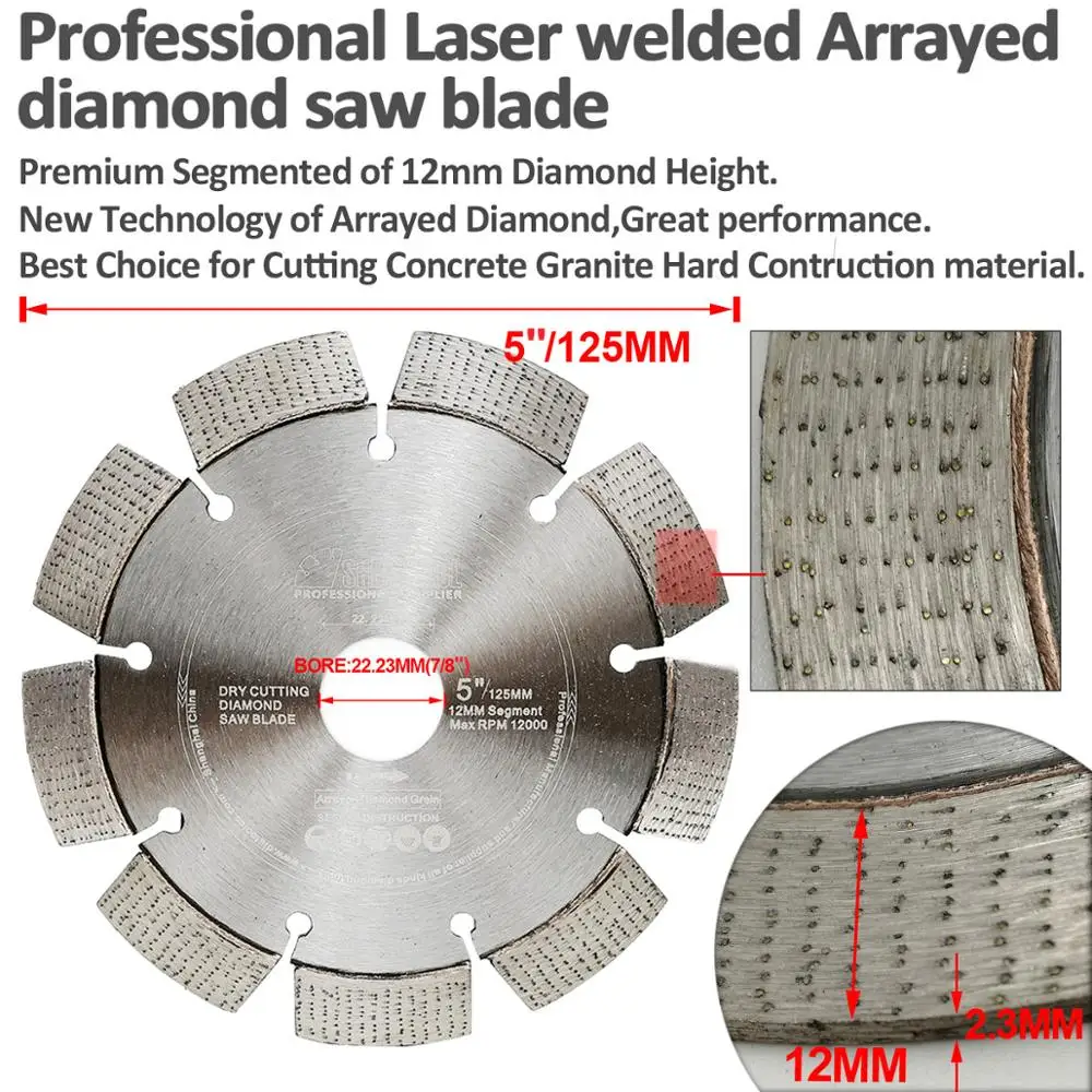 DIATOOL Laser Welded Professional Diamond Cutting blades of Arrayed Diamond with Bore 22.23MM Diameter 4.5" 5" available