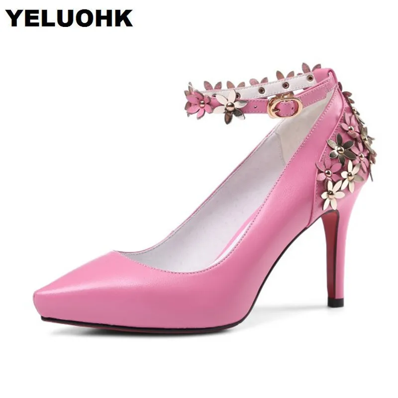 

Brand New Pointed Toe Genuine Lether Shoes Woman High Heels Flower Party Shoes Women Pumps 8cm Thin Heel Ladies Shoes