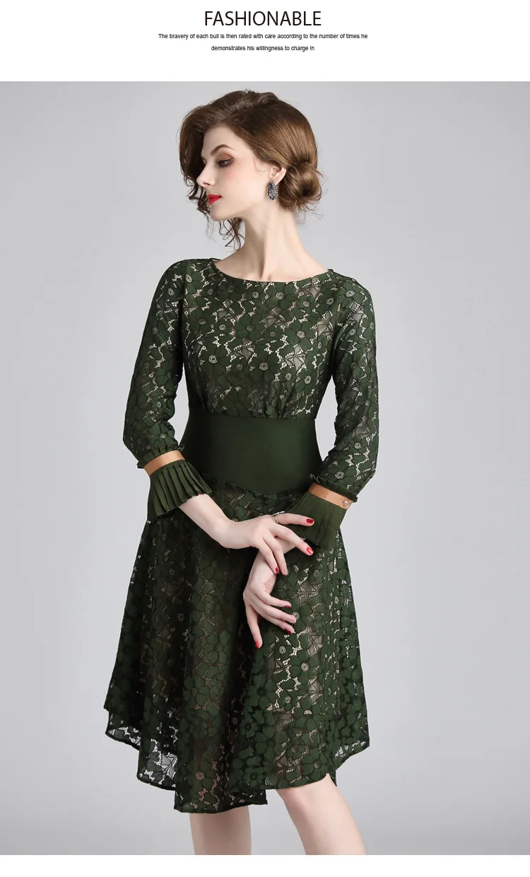 S-XXL Весна Лето Женское платье цветочный узор темно-зеленые кружева платье бальное платье с расклешенными рукавами асимметричное дно