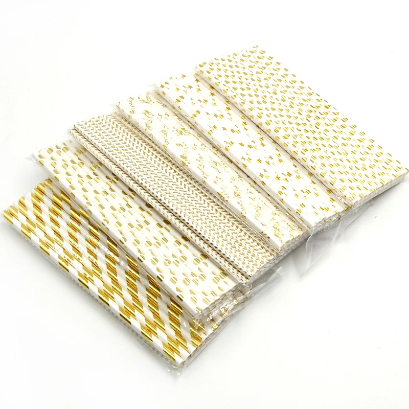 

150PCS/Lot Six Style Golden Option Design Paper Straws For Wedding Birthday Party Fashion Drinking Straws Decoration Supplies