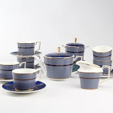 Bone china, 15 шт., винтажный набор из голубой кофейной чашки и блюдца, кофейник с золотой краской, кофейный набор, подходит для напитков, подарочный набор