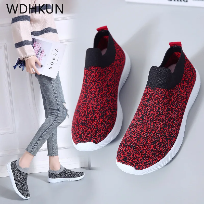 

WDHKUN Women Plus Size Spring Sneakers Knitting Sock Female Vulcanized Shoes Casual Slip On Flat Shoe Mesh Soft Walking Footwear