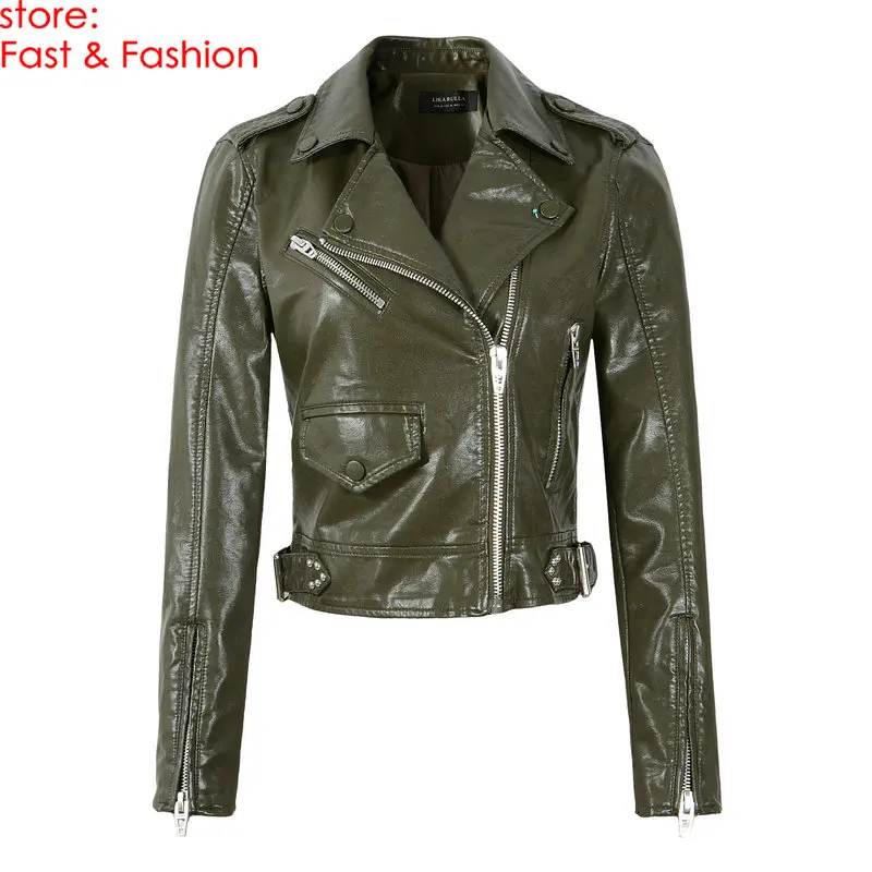 Для женщин Демисезонный мотоцикл мягкая куртка из искусственной кожи женские бежевые с длинным рукавом Заклепки Байкер PU на молнии кардиган-пончо - Цвет: 8908 Dark Green