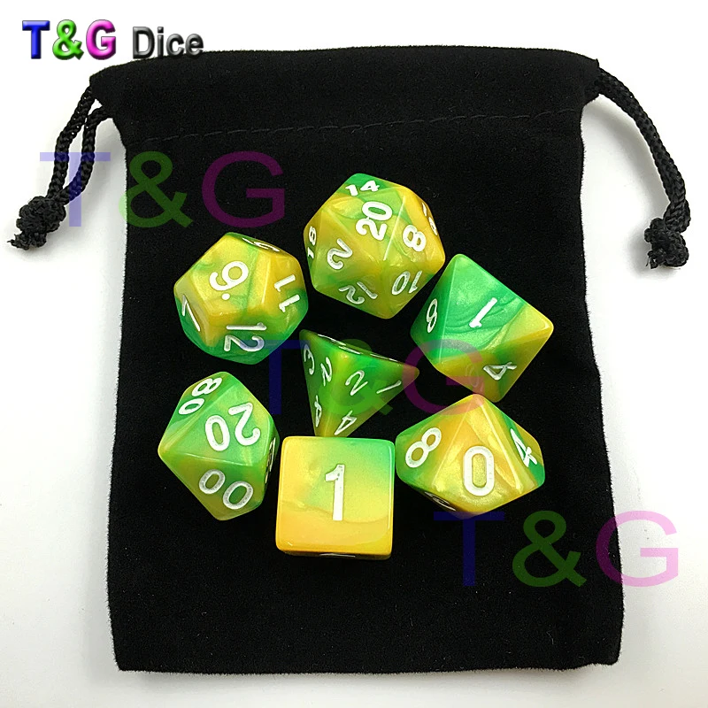 New 7 Piece Green Yellow Gemini Polyhedral Dice Set Green Bag RPG D&D