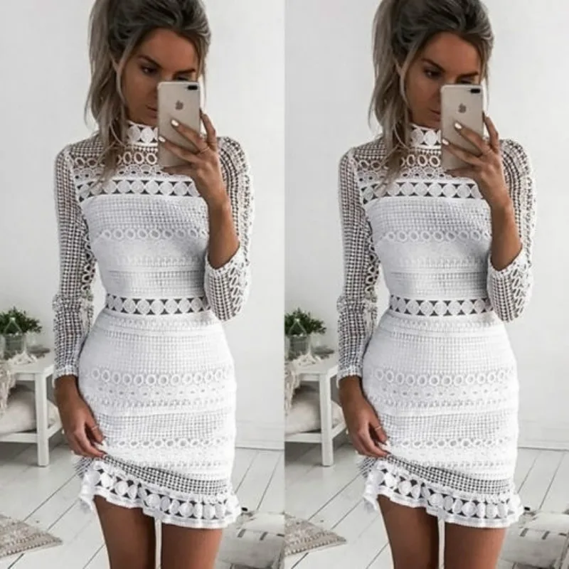 

Women Sexy White Lace Long Sleeve Party Bodycon Slim Short Mini Dress