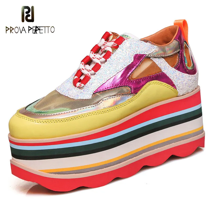

Prova perfetto Fashion Brand Design Round Toe Platform Women Flats Women Sneakers Mixed Colors Genuine Leather Mesh Casual Shoes