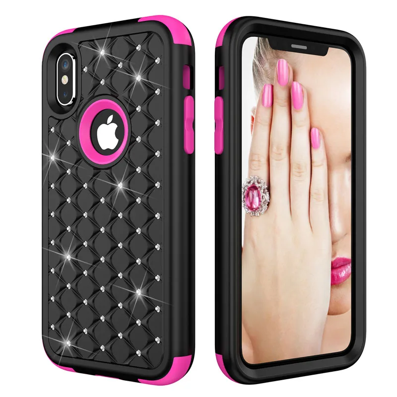Bling Diamond Shockproof  Armor Case For iphone 11 12 13 Pro XS Max 8 7 Plus Cover 3 in 1 Silicon & PC Full Protection Back Case case for iphone 13 mini