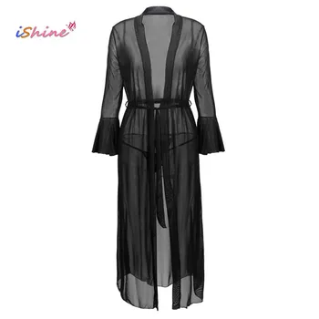 

iShine Sexy Lingerie Black Hot Long Women Babydoll nightwear Long Flare Sleeve Mesh Transparent pajamas Chemises Underwear