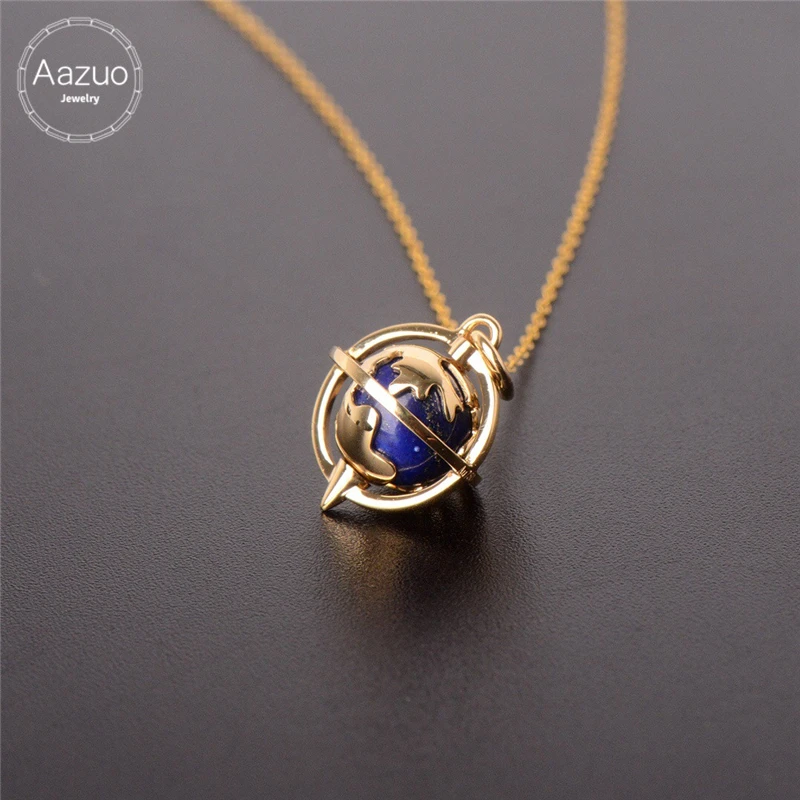 

Aazuo 100% 18K Yellow Gold Natrual Lapis Classic Moving Earth Free Pendent Necklace gifted for Women Wedding Link Chain Au750