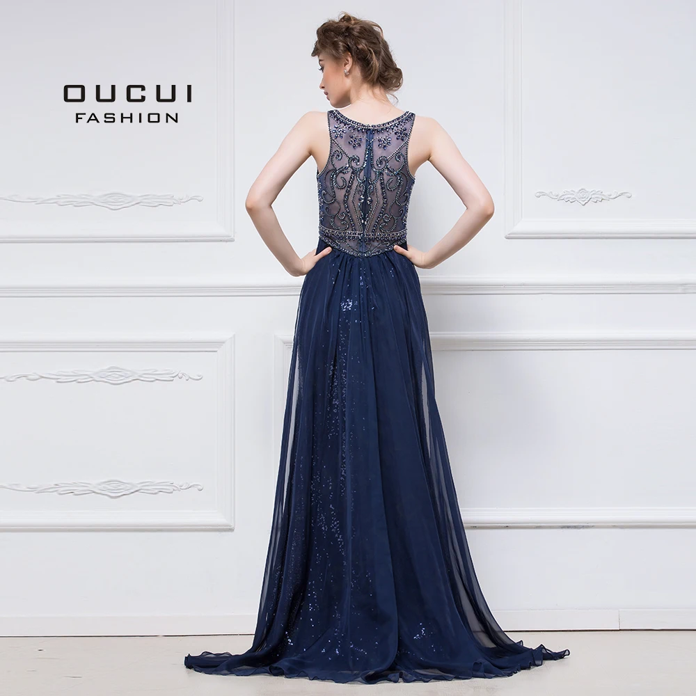 

Navy Sequined Tulle Long Formal Evening Dress Mermaid New Illusion Beading Crystal Sexy See-Through Back OL102966 Abendkleider