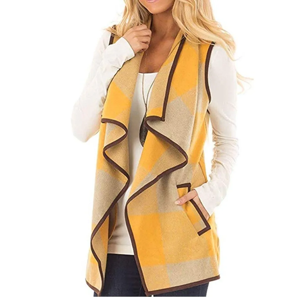 Autumn Womens Vest Plaid Sleeveless Lapel Open Front Cardigan Sherpa Jacket Pockets Coat