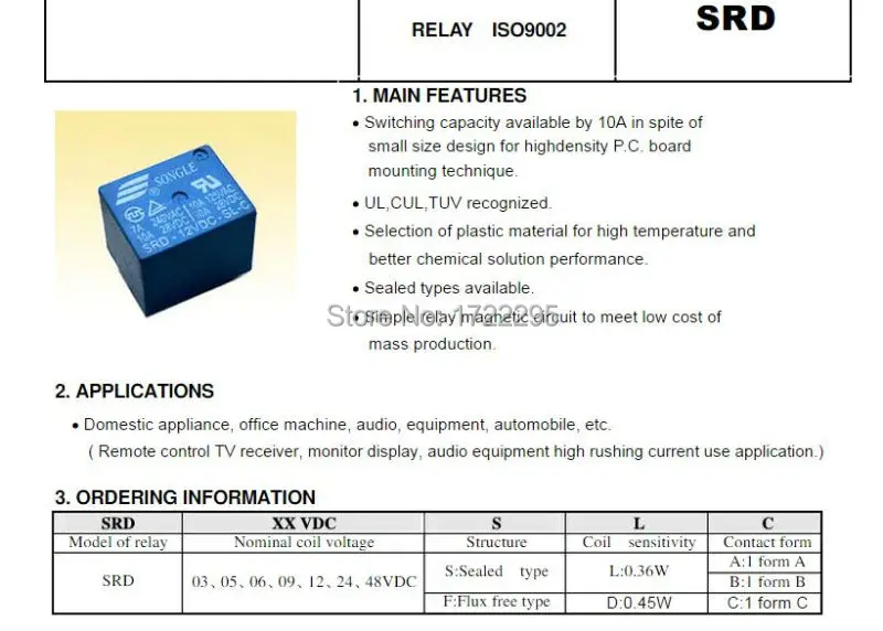 SL-C 4Pin 5Pin 10 A SONGLE Mini Puissance Relais SRD-03V 05 V 09 V 12 V 24 V 48VDC-SL-A
