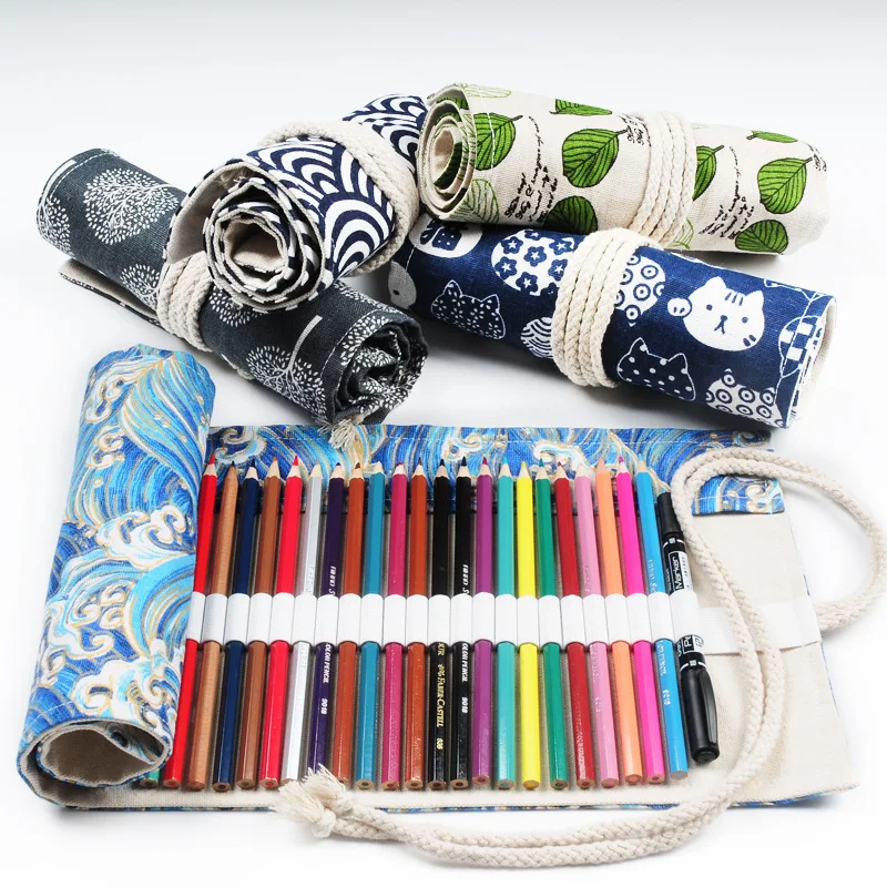 

24Holes Waves&Leaves School Pencil Case Escolar Estuche Box Stationery Estojo Portable Canvas Pen Roll Up Bag Curtain Pencils