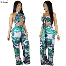Summer new popular vestidos femme halter printing bodysuit women wide leg sexy jumpsuit two piece women