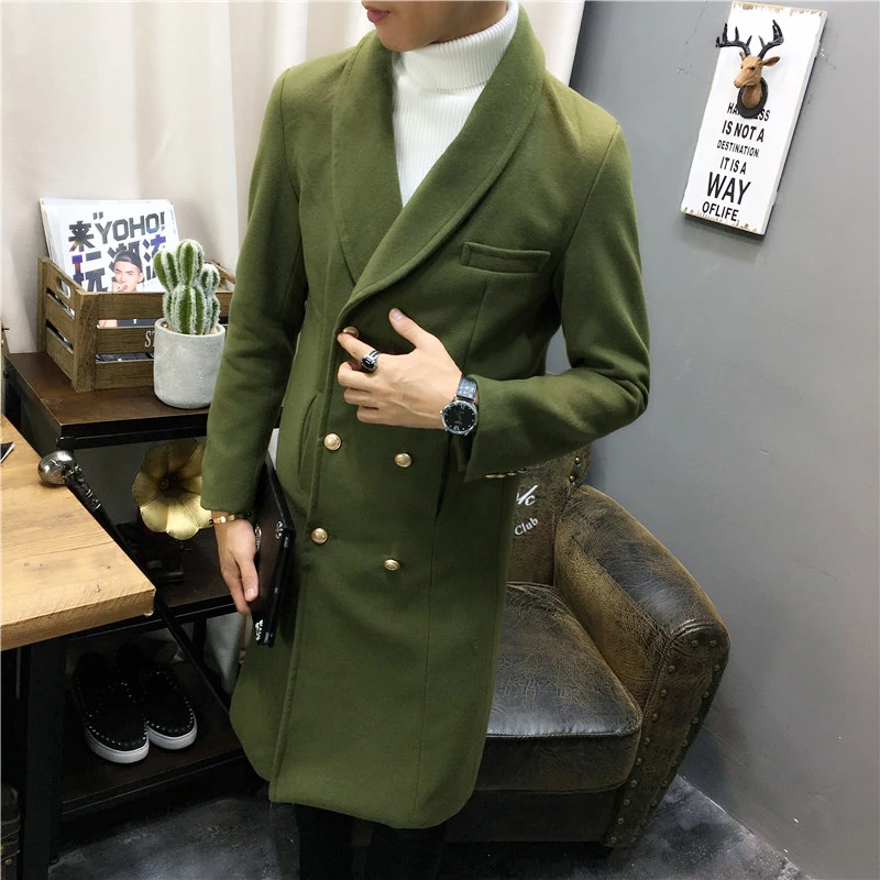 Двубортный мужской Тренч, зеленый, черный, с золотыми пуговицами, зимний, длинный, приталенный, Saco Largo Hombre, шерстяное пальто - Цвет: Army green