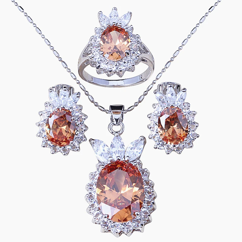 

Free Shipping Enchanting Brown zircon Fashion silver colour Earrings Ring Necklace Sets T006