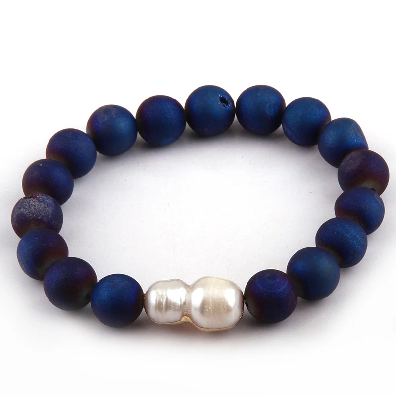 

Fashion Women Dark Blue Dress Stone Armband Druzy with Lucky 8 Freshwater Pearl Charm Natural Stone Bracelets