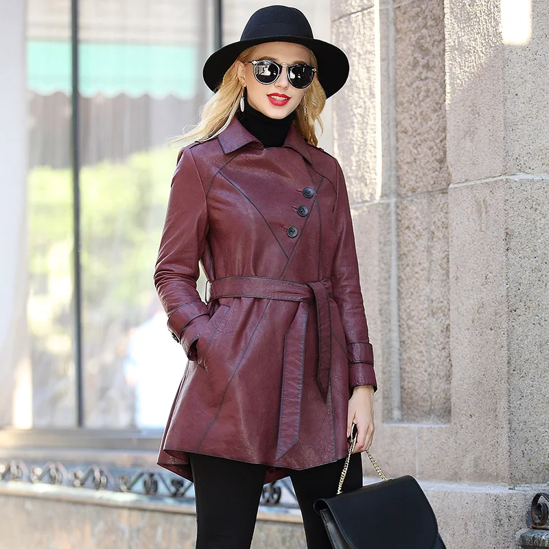 Montone En Vêtements De Peau Véritable Cuir blue 2019 Black Réel Tcyeek Lwl1464 Luxe khaki Veste Printemps Cowboy Mouton Automne Red wine Femmes Femelle Ceinture Manteaux 5atfY