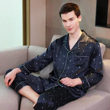 Новинка года, весенне-осенние мужские шелковые пижамы с длинными рукавами, элегантная рубашка для сна и штаны, мужская пижама, комплект домашней одежды