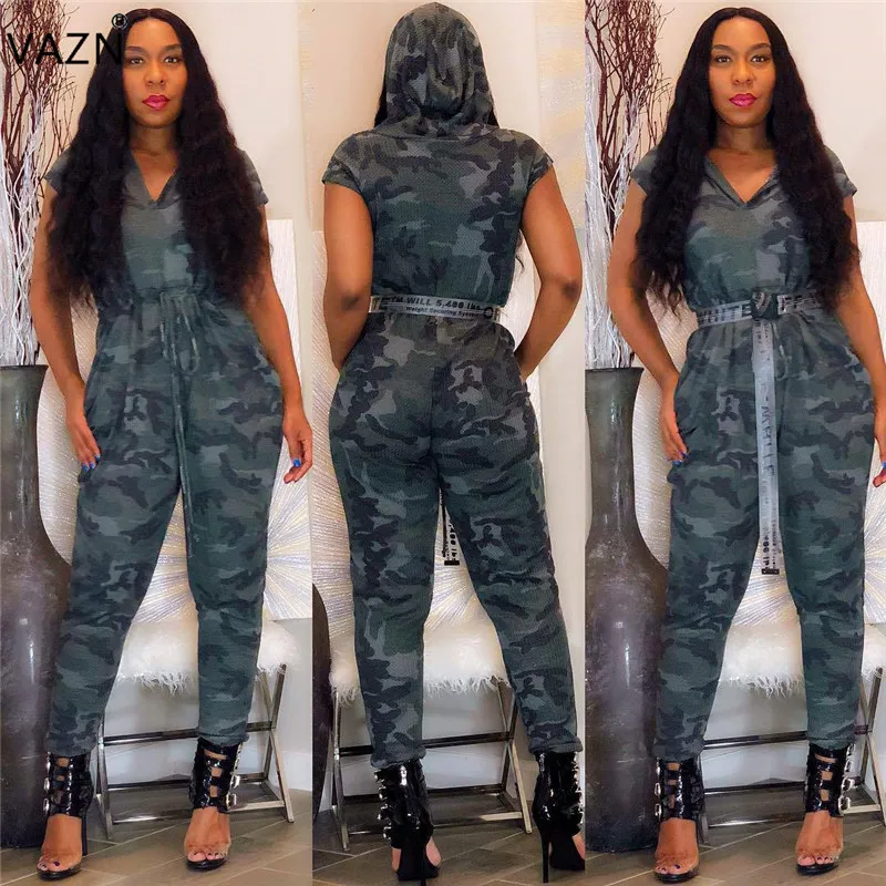 

VAZN Autumn Hot Fashionable Popular 2019 Casual Style Women Jumpsuits Camouflage Hooded Short Sleeve Skinny Romper CQ5159