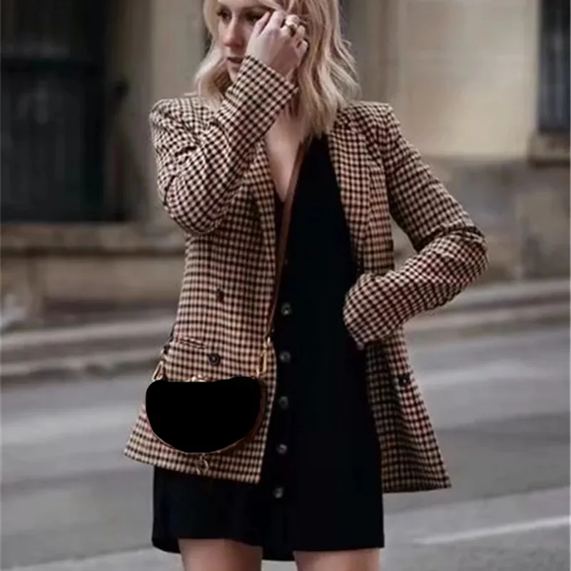 Fashion Double Breasted Office Ladies Blazer Notched Long Sleeve Loose Plaid Blazer 2018 Autumn Jacket Women Blazers Fashion Double Breasted Office Ladies Blazer Notched Long Sleeve Loose Plaid Blazer 2018 Autumn Jacket Women Blazers