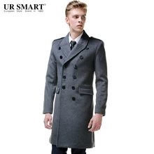 Бренд URSMART мужское двубортное шерстяное пальто Длинная секция темно-серого цвета Мужское пальто куртка
