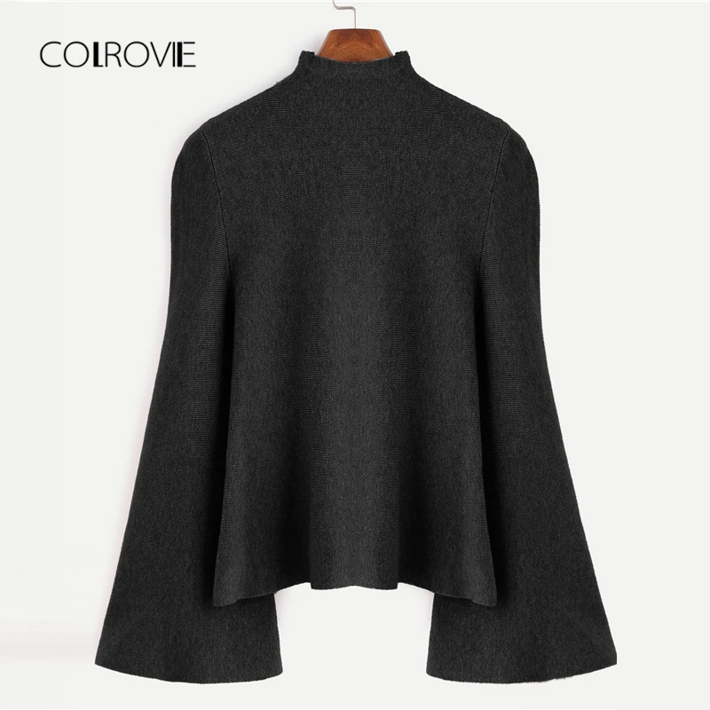 COLROVIE Black Casual High Neck Flounce Camel Women Sweater 2018 Autumn Green Solid Stretchy Sweater Classic Pullovers Jumper