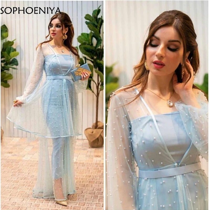 New Arrival Arabic Long sleeve evening dresses evening gown Pearls beaded Prom dresses abiye kaftan dubai evening dress