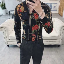 Luxury Print Shirt Men Gold Black White Long Sleeve Camisa Masculina Chemise Homme Social Men Club Prom Shirt Dress Kemeja Pria