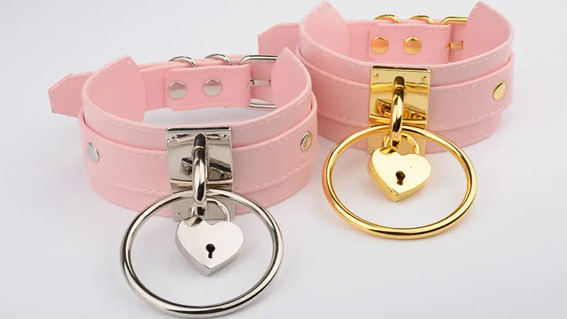 Grunge Rock Pastel Goth Silver O-Ring With Heart Padlock Hoop Collares Necklace Pink Punk BDSM Leather Oversized Handmade Choker 7