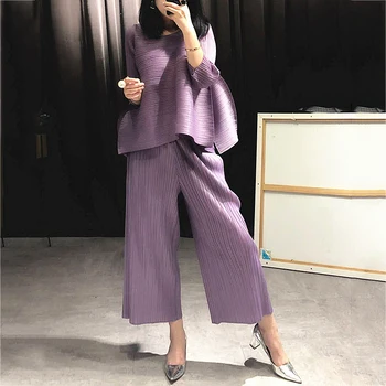 

LANMREM 2020 new summer batwing styles pleated round neck full sleevess pullover loose T-shirt female wide loose legs pants WG95