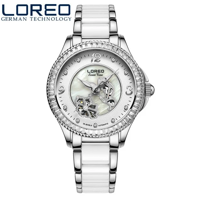 

LOREO women's gift simple luxury diamond sapphire automatic mechanical watch hollow ceramic stainless steel fashion lady watch