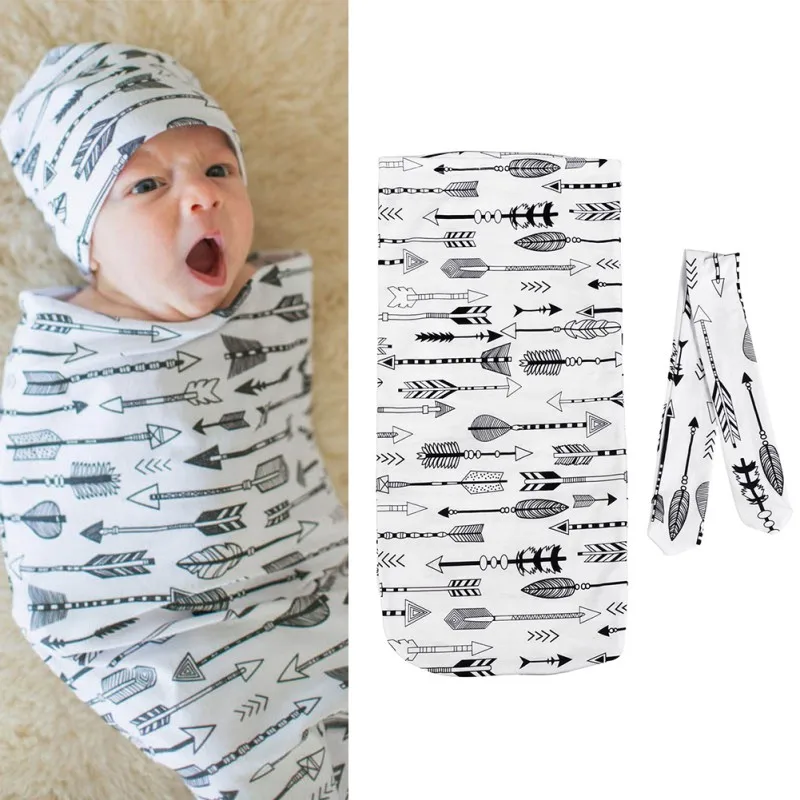 Детские хлопковые Одеяла печатных спящего ребенка Обёрточная бумага для новорожденных + повязка на голову