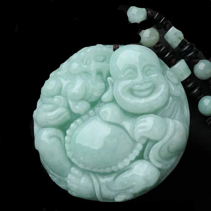 

Natural jadeite maitreya pendant jade Laughing Buddha jade Buddha transshipment men and women style necklace Send a certificate