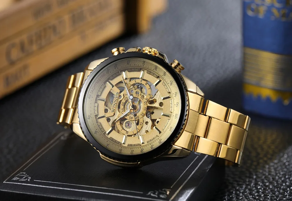 Top Brand Luxury Gold WINNER Men Watch Cool Mechanical Automatic Wristwatch Stainless Steel Band Male Clock Skeleton Roman Dial Mechanical Watch