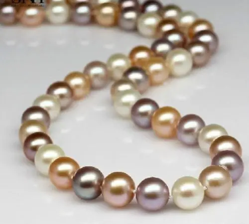 

18"9-10MM NATURAL SOUTH SEA GENUINE WHITE PINK PURPLE PEARL NECKLACE 14KGP