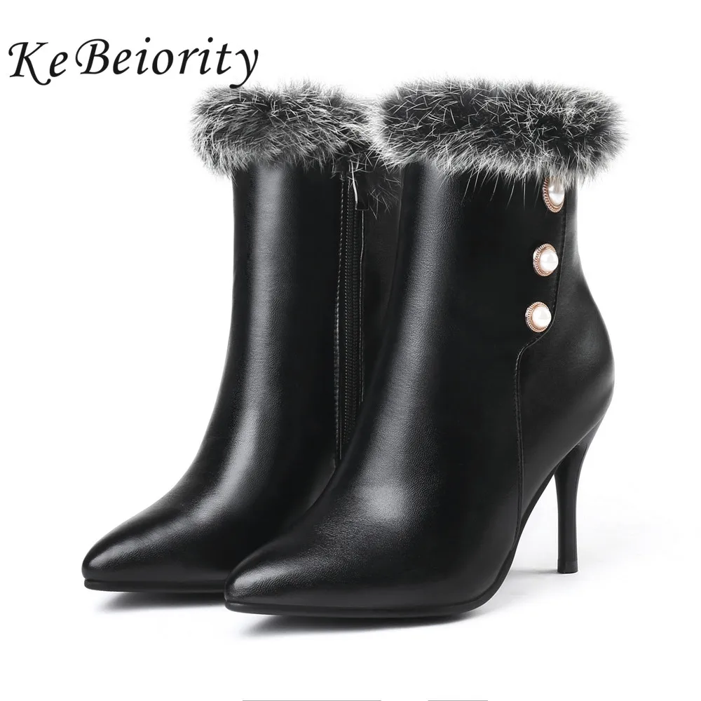 

KEBEIORITY High Heel Boots Women Pointed Toe White Black Boots Fashion Leather Autumn Winter Boots Shoes 2018 Short Ankle Boots