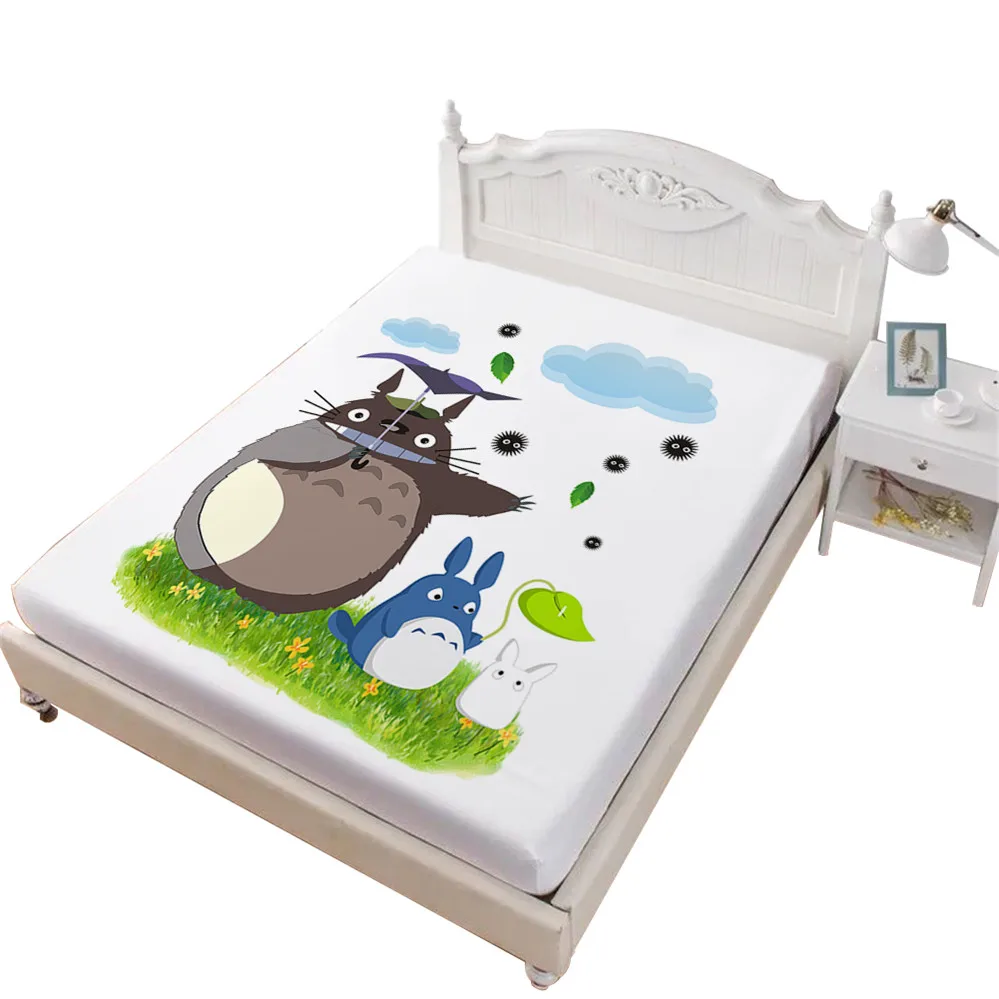 الاطفال الكرتون ملاءات السرير لطيف Totoro شرشف الأخضر الطبيعي مشهد المطبوعة ورقة جيب عميق غطاء مرتبة المنزل ديكور D25