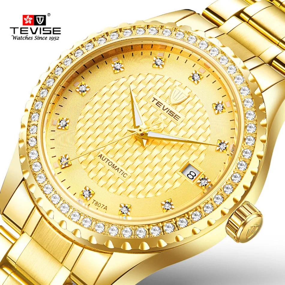 

Full Gold Clock Men Automatic Watch Luminous Sapphire Stainless Steel Watchband Date Luxury Men Watch Fashion