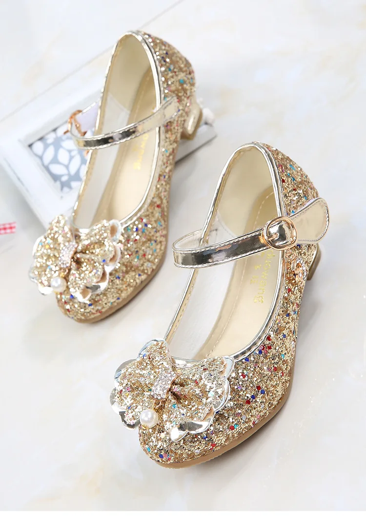 ULKNN Princess Kids Leather Shoes For Girls Flower Casual Glitter Children High Heel Girls Shoes Butterfly Knot Blue Pink Silver