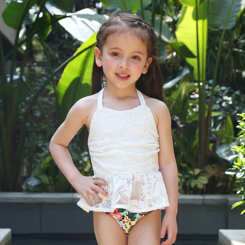 2016 cute girl lace floral suspenders one piece Swimwear swimsuit