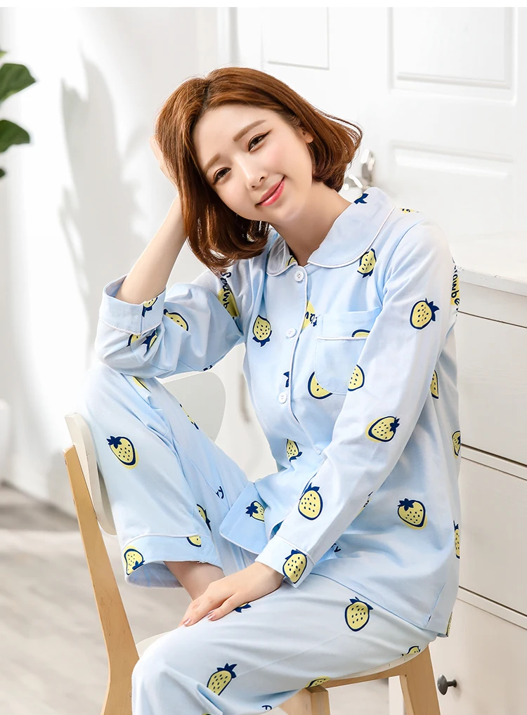 Женская Весенняя пижама из хлопка с длинными рукавами, Корейская пижама с принтом, домашняя одежда, одежда для сна с отложным воротником