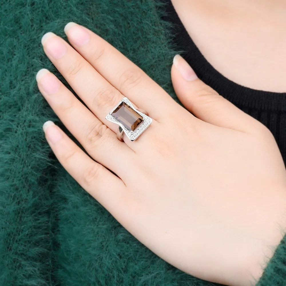 Hutang 10x16 мм багет дымчатый кварц кольца 925 серебро натуральный драгоценный камень регулируемое кольцо тонкой элегантные ювелирные изделия для женщин Best под
